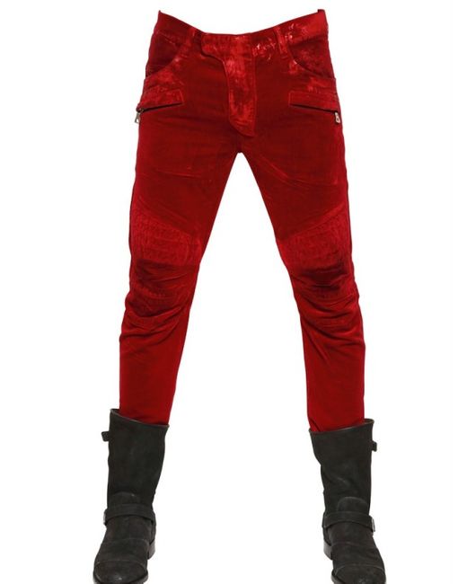 Balmain Red Waxed Velvet Quilted Biker Jeans for men