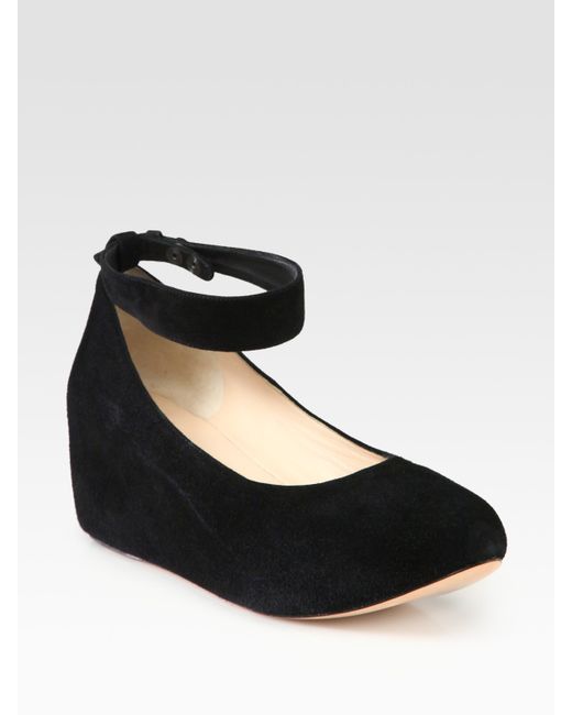 Suede Ankle Strap Wedge Pumps in Black 