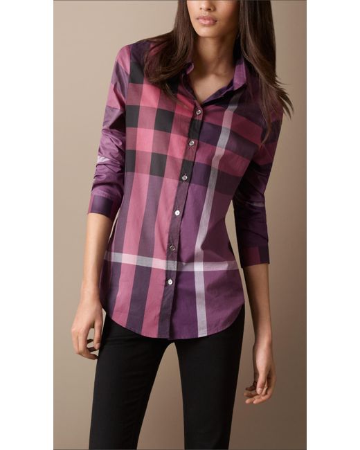 Burberry Brit Check Cotton Shirt in Purple | Lyst