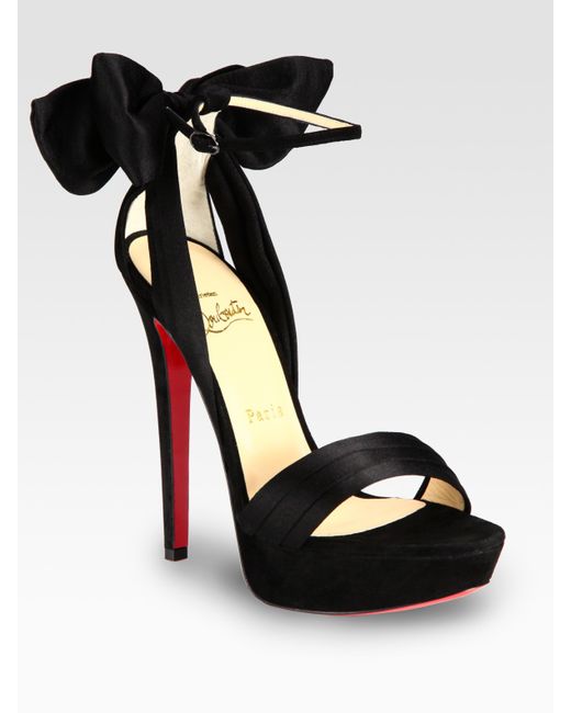 Christian Louboutin Satin and Suede Bow Platform Sandals in Black | Lyst