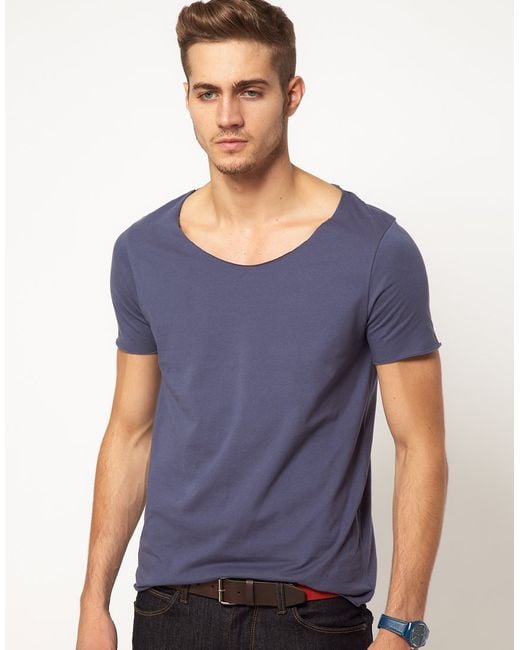 ASOS T-shirt with Raw Edge Scoop Neck in Blue for Men