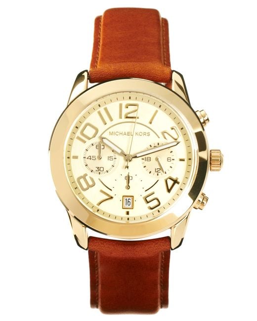 Michael Kors Brown Leather Strap Watch with Gold Chronograph Face