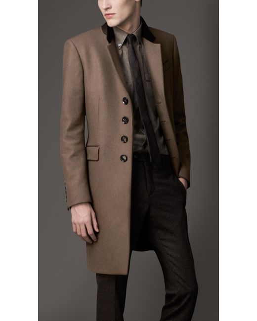 Burberry Velvet Collar Wool Coat in Brown for Men | Lyst