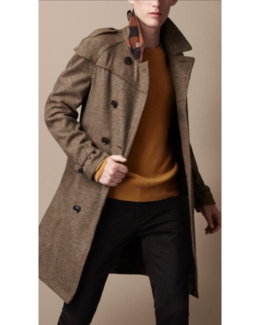 Burberry Brit Brown Midlength Wool Tweed Trench Coat for men
