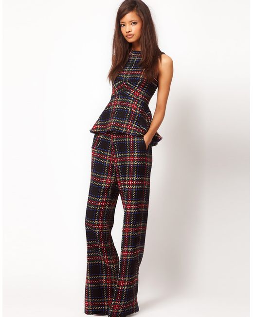 ASOS Collection Red Wide Leg Tartan Trousers