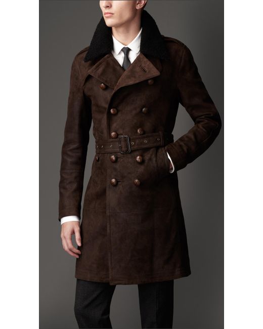 Burberry Brown Mid-Length Shearling Collar Suede Trench Coat for men