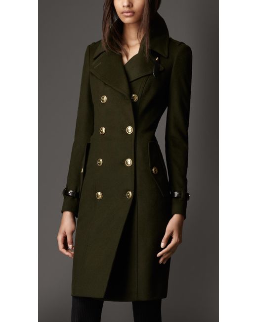 Burberry Leather Detail Wool Trench Coat in Dark Khaki Green (Green) | Lyst