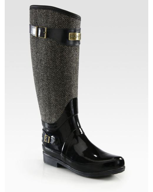 HUNTER Wool Herringbone and Rubber Rain Boots in Black | Lyst