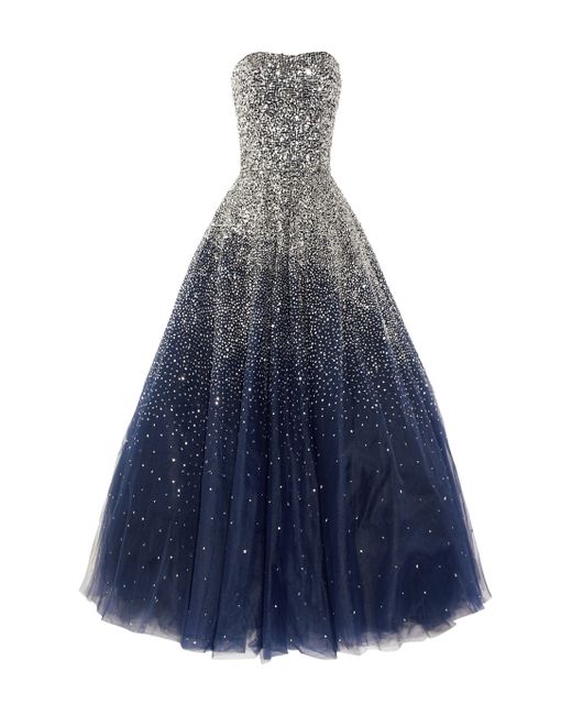 Marchesa Blue Sequined Strapless Silk Tulle Gown