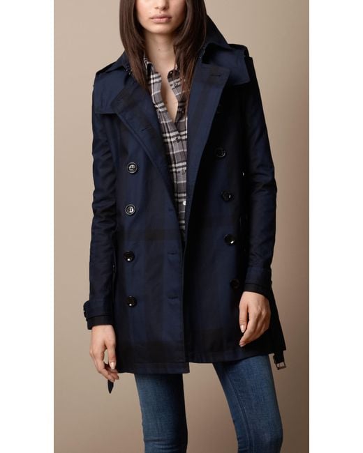 Burberry Brit Long Cotton Check Trench, Long Navy Blue Trench Coat