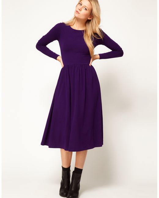 ASOS Collection Midi Dress with Long Sleeve in Purple | Lyst