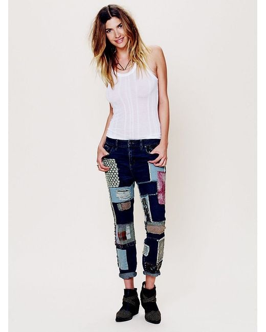 Free People Blue Patched Slim Slouch Jeans
