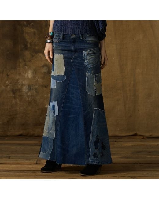 Ralph Lauren Blue Patched Denim Maxi Skirt