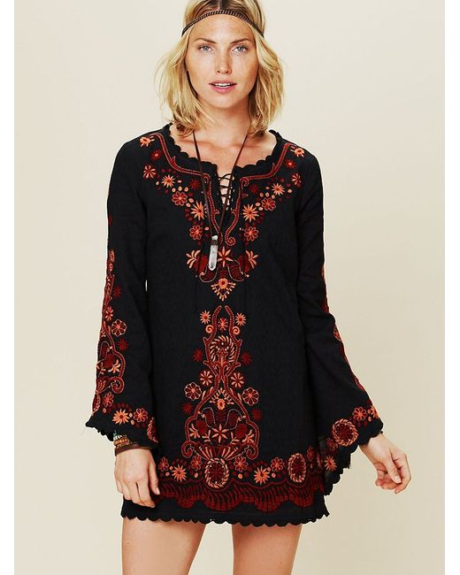 Free People Black Long Sleeve Embroidered Dress