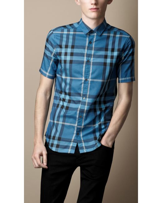 Burberry Brit Short Sleeve Check Shirt in Blue for Men | Lyst