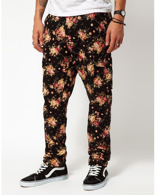 Timberland Black Cargo Trousers with Floral Print for men
