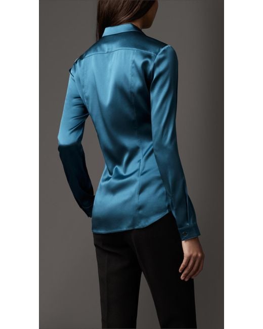 Burberry Blue Slim Fit Stretch Silk Shirt
