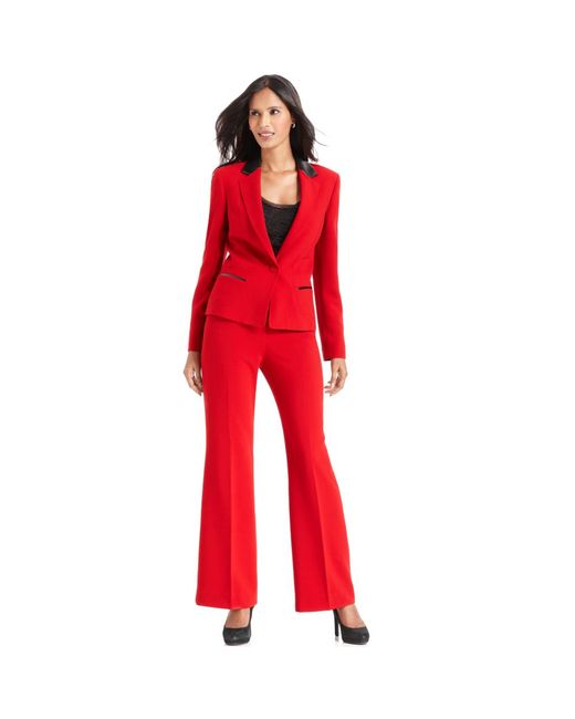 Anne Klein Red Faux Leather Trim Pant Suit