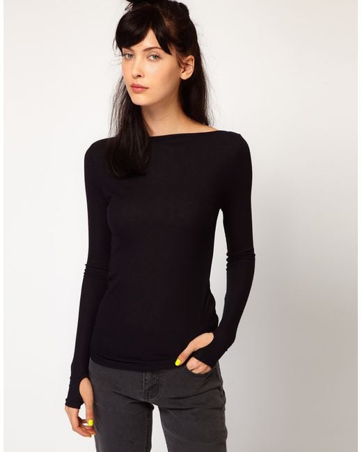 Cheap Monday Black Long Sleeve Top with Slash Neck and Thumb Holes