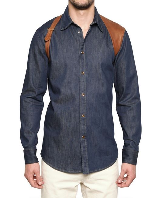 Alexander McQueen Blue Cotton Denim Leather Harness Shirt for men