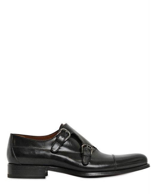 A.Testoni Black Leather Monk Strap Shoes for men