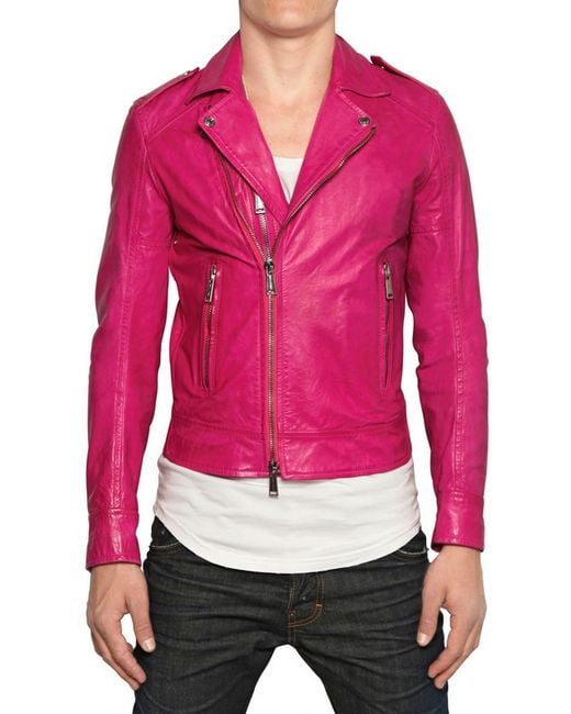 DSquared² Pink Chiodo Leather Jacket for men