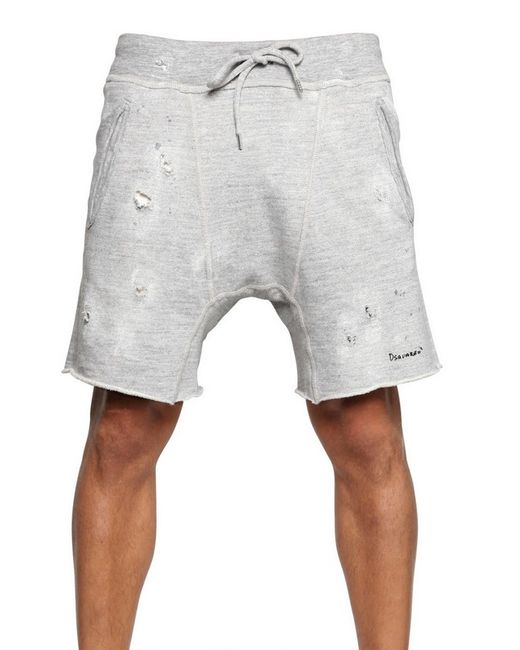 DSquared² Gray Raw Cut Distressed Cotton Fleece Shorts for men