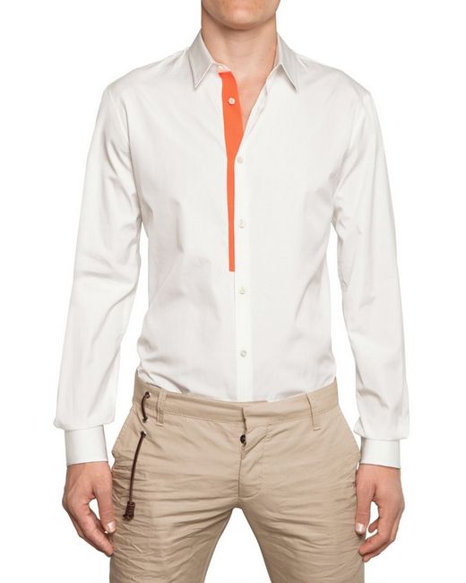 DSquared² White Neon Orange Trim Cotton Poplin Shirt for men