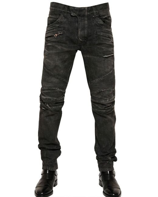 Continu Horizontaal Assimilatie Balmain Ripped Washed Denim Biker Jeans in Black for Men | Lyst