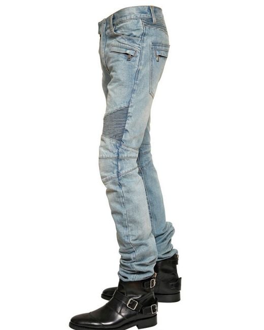 Balmain Washed Denim Biker Jeans in Blue for Men | Lyst