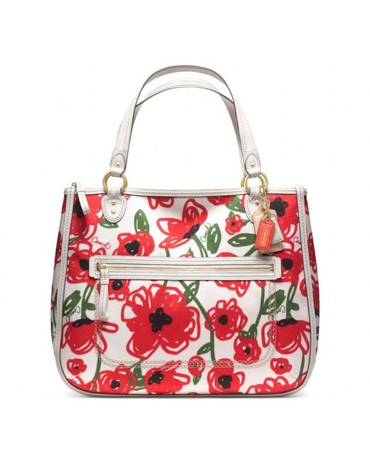 COACH Red Poppy Floral Print Hallie Tote