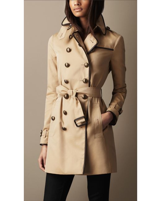 Burberry Brit Midlength Cotton Gabardine Leather Detail Trench Coat in  Natural | Lyst