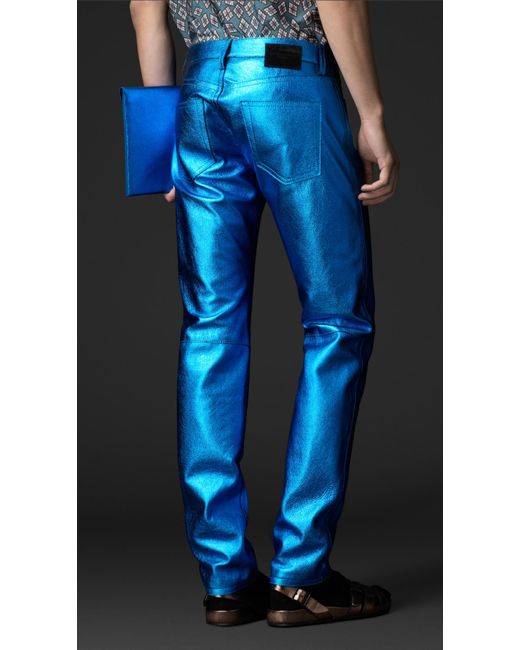 Burberry Prorsum Blue Metallic Leather Jeans for men