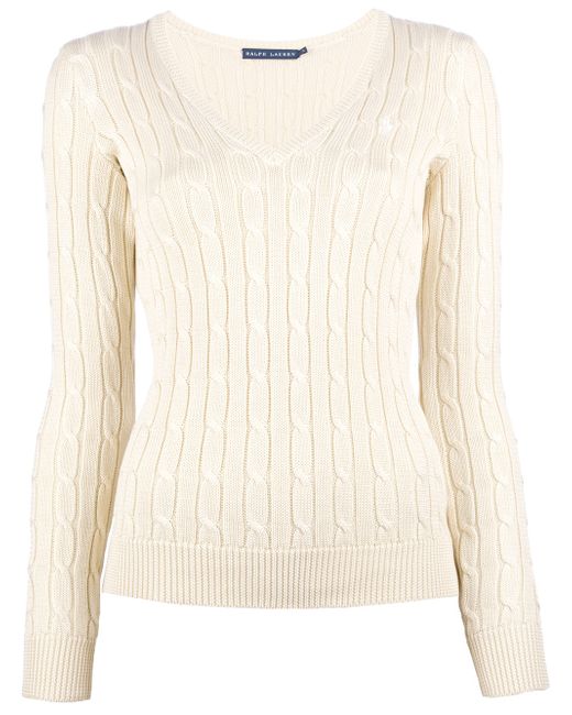 Ralph Lauren Natural V-neck Cable Knit Sweater