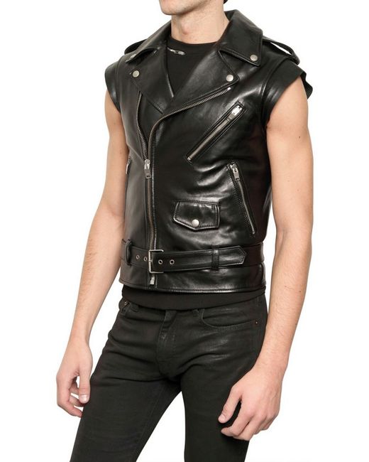 Saint Laurent Leather Sleeveless Biker Jacket in Black for Men