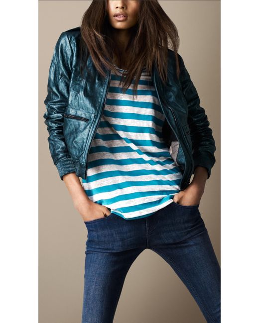 Burberry Brit Metallic Leather Bomber Jacket in Blue | Lyst