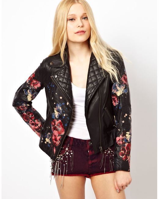 River Island Black Floral Hand Painted Leather Jacket