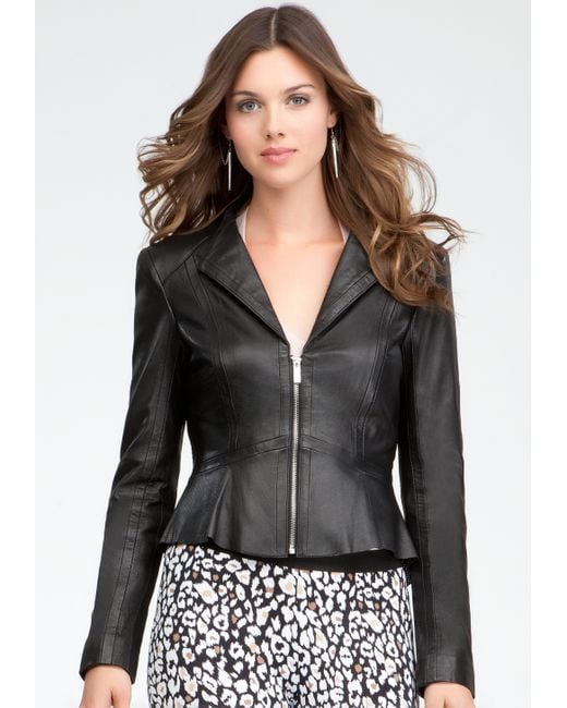 Bebe Perforated Peplum Leather Jacket in Black | Lyst