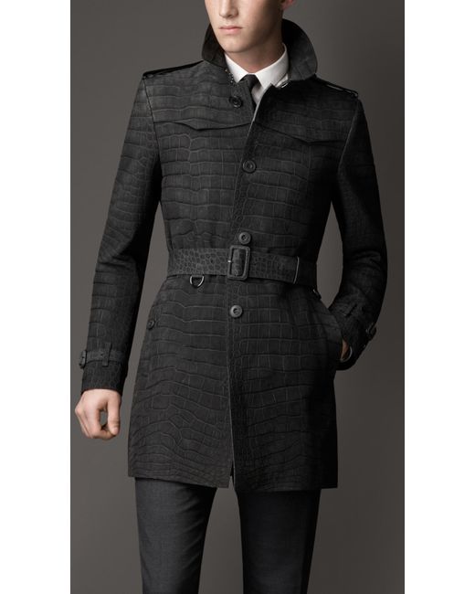 Burberry Gray Midlength Alligator Leather Trench Coat for men