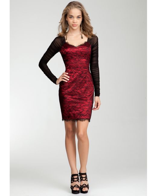 Bebe Lace Body Contrast Sleeve Dress in Black Crimson (Red) | Lyst