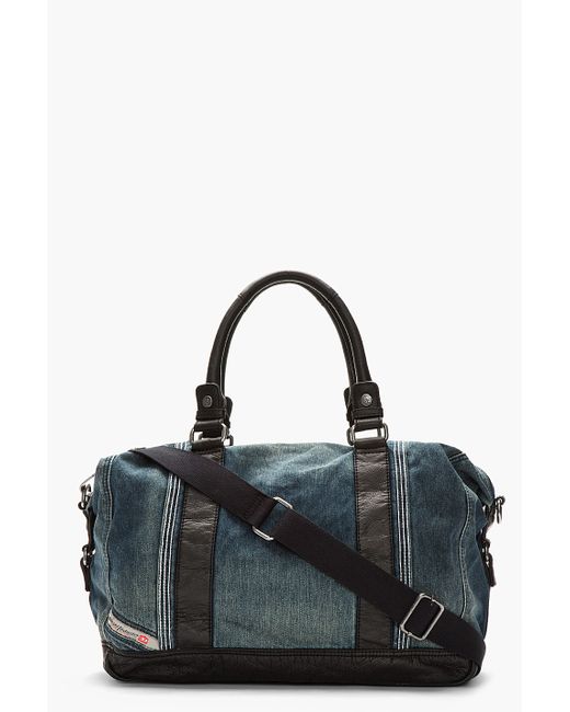 DIESEL Blue Denim Leather Trimmed Brave Trip Duffle Bag for men
