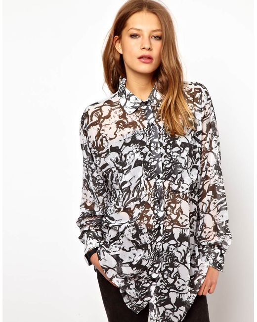 American Apparel White Illustrated Cat Print Oversized Shirt