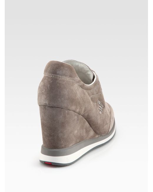 Prada Suede Wedge Sneakers in Gray | Lyst