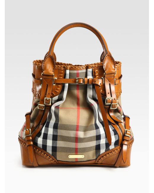 Burberry Prorsum Whipstitch Leather & Check Canvas Tote Bag in Brown | Lyst