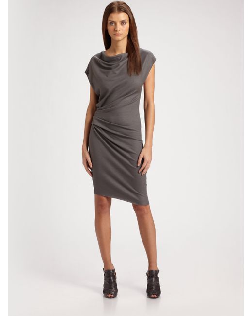Helmut Lang Sonar Draped Wool Jersey Dress in Gray | Lyst