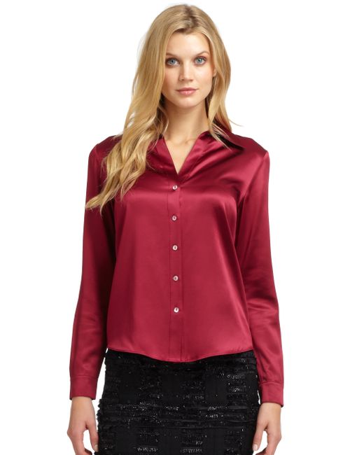 Lafayette 148 New York Silk Satin Blouse in Red | Lyst