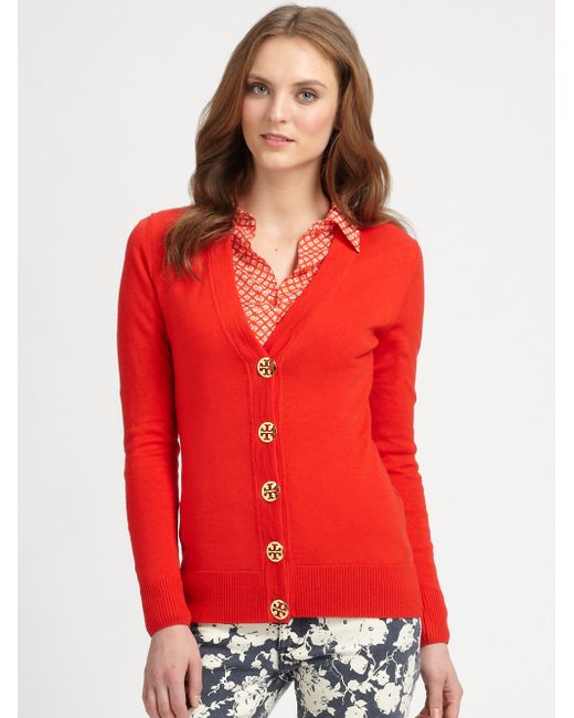 Tory Burch Simone Merino Wool Cardigan in Red | Lyst