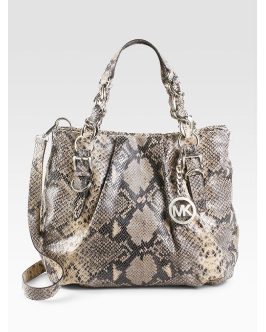 MICHAEL Michael Kors Embossed Python Leather Tote Bag in Natural | Lyst