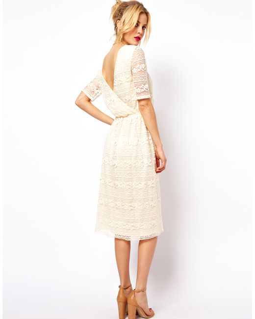 ASOS Midi Dress In Lace With Wrap Back in Natural | Lyst