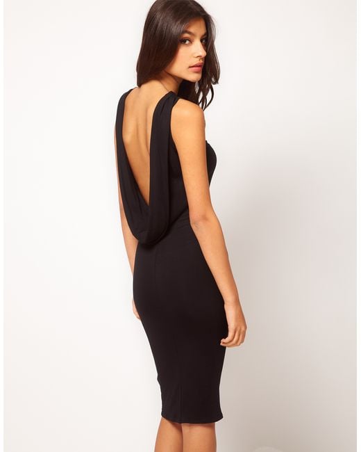 ASOS Midi Dress with Cowl Back in Black | Lyst